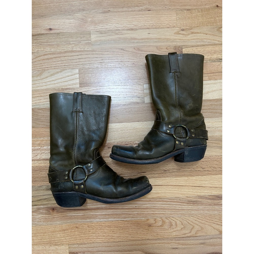 Frye Harness 12R Boots Mens Olive Green Leather Biker Square Toe Grunge 9